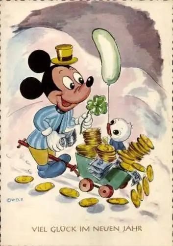 Ak Walt Disney, Micky Maus, Fröhliches Neujahr, Schubkarre mit Geld, Münzen