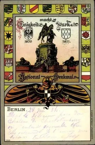 Wappen Ak Berlin, Nationaldenkmal, Wappen Preußen, Bayern, Bremen, Hamburg, Sachsen, Adler