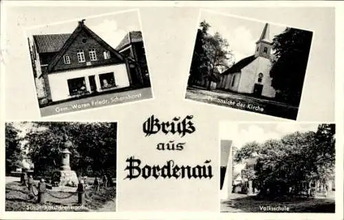 Ak Bordenau Neustadt am Rübenberge, Scharnhorst-Denkmal, Volksschule, Kirche, Gemischtwaren