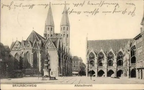 Ak Braunschweig in Niedersachsen, Altstadtmarkt, Kirche, Brunnen