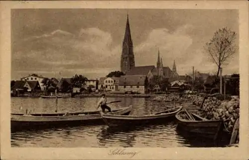 Ak Schleswig an der Schlei, Teilansicht, Boote, Kirche