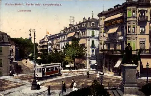 Ak Baden Baden am Schwarzwald, Leopoldsplatz, Luisenstraße, Straßenbahn, Denkmal