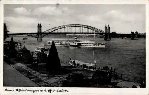 Ak Bonn am Rhein, Rheinpromenade, Rheinbrücke, Schiffe, Anleger