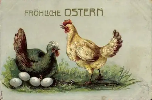 Präge Ak Glückwunsch Ostern, Hühner, Eier