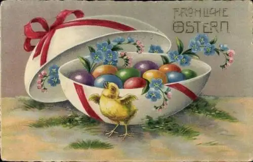 Ak Glückwunsch Ostern, Küken, Ostereier, Blumen