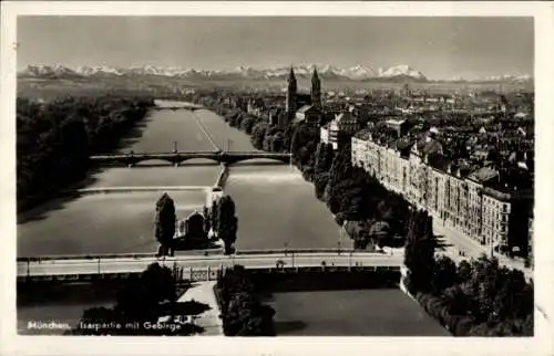 Ak München Bayern, Panorama, Isar, Gebirge, Brücken, Alpen