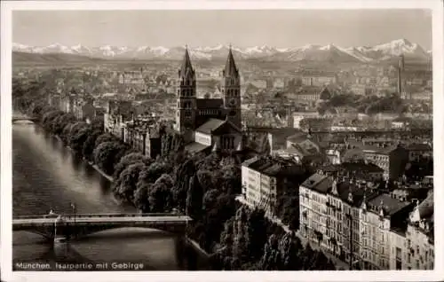 Ak München, Stadtpanorama, Isar, Kirche, Gebirge