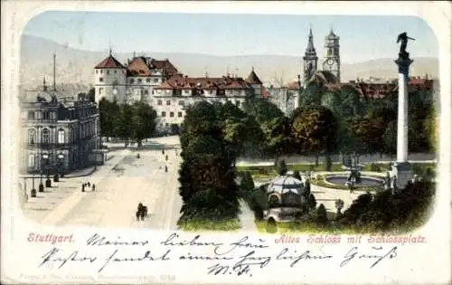 Ak Stuttgart in Württemberg, Altes Schloss mit Schlossplatz, Säule, Kirchturm