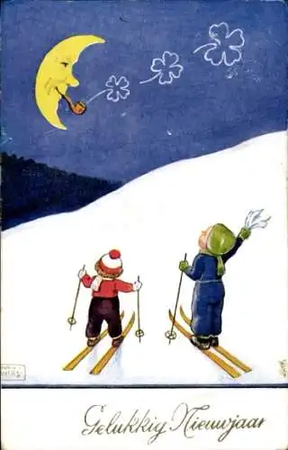 Künstler Ak Wills, John, Fröhliches Neujahr, Kinder, Ski, vermenschlichter Mond mit Pfeife, Klee