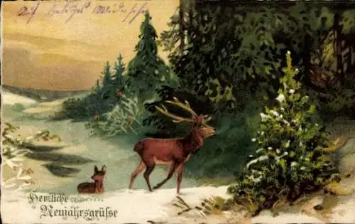 Ak Glückwunsch Neujahr, Hirsch, Reh, Wald