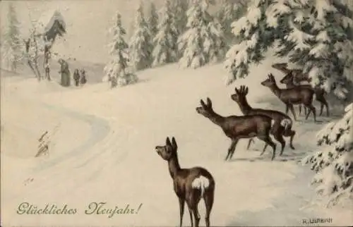 Künstler Ak Ulreich, F., Glückwunsch Neujahr, Rehe, Winter, Betende Menschen