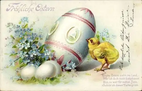 Litho Glückwunsch Ostern, Küken, Ostereier, Vergissmeinnicht