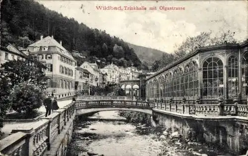 Ak Bad Wildbad Schwarzwald, Trinkhalle, Olgastraße, Brücke