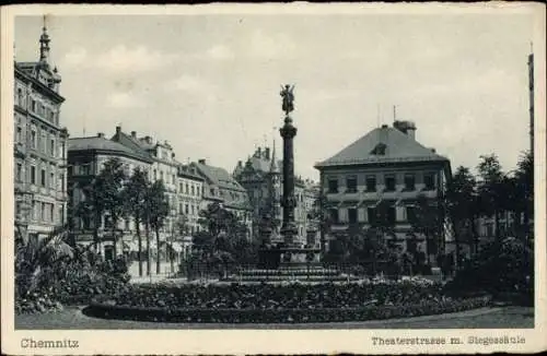 Ak Chemnitz in Sachsen, Theaterstraße, Siegessäule