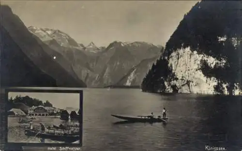 Ak Königsee Königssee Oberbayern, Kanu auf Königssee, Gebirge, Hotel Schiffmeister