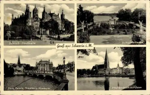 Ak Schwerin in Mecklenburg, Schloss, Stadtseite, Terrasse, Pfaffenteich, Dom, Palais, Theater