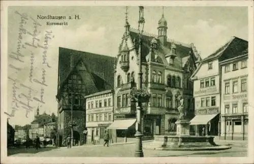 Ak Nordhausen am Harz, Kornmarkt, Brunnen, Geschäft Ernst Bonte