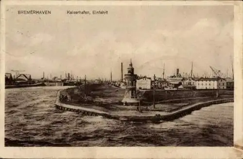 Ak Bremerhaven, Kaiserhafen, Einfahrt, Leuchtturm