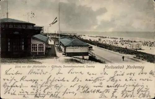 Ak Nordseebad Norderney Ostfriesland, Blick von der Marienhöhe, Giftbude, Damenbadestrand, Seesteg