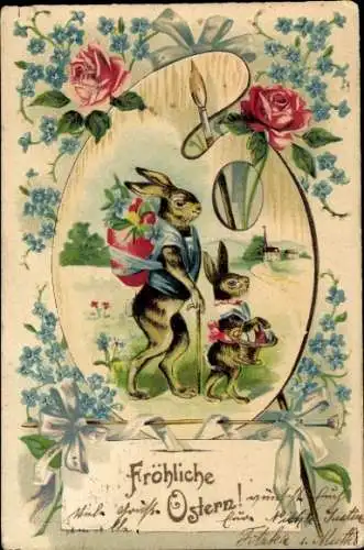 Präge Litho Glückwunsch Ostern, Osterhasen, Ostereier, Vergissmeinnicht, Rosen