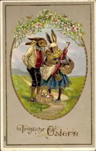 Präge Ak Glückwunsch Ostern, Osterhasen, Korb, Ostereier, Blumen