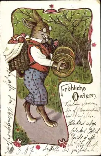 Präge Ak Glückwunsch Ostern, Osterhase, Ostereier, Pfeife