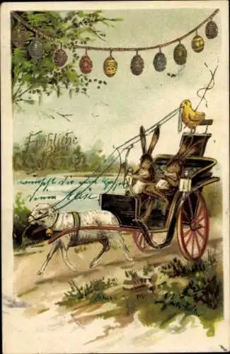 Präge Litho Glückwunsch Ostern, Osterhase, Ostereier, Lamm, Kutsche