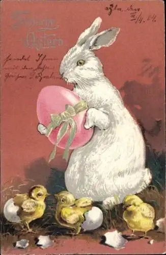 Präge Litho Glückwunsch Ostern, Weißer Osterhase, Küken, Osterei