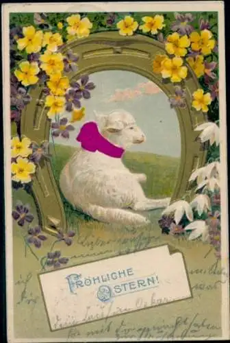 Stoff Präge Litho Glückwunsch Ostern, Lamm, Blumen, Hufeisen