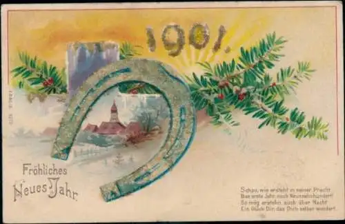 Glitzer Litho Glückwunsch Neujahr 1901, Hufeisen, Tannenzweige