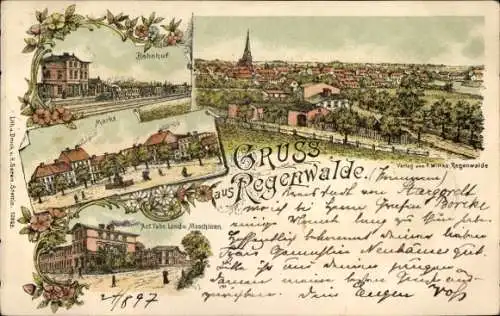 Litho Resko Regenwalde Pommern, Totalansicht, Bahnhof, Gleisseite, Act. Fabr. Landw. Maschinen