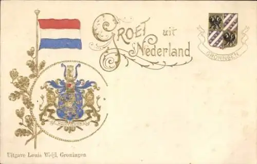 Präge Wappen Ak Groningen Niederlande, Fahne, Souvenir