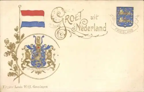 Präge Wappen Ak Friesland Niederlande, Fahne, Souvenir