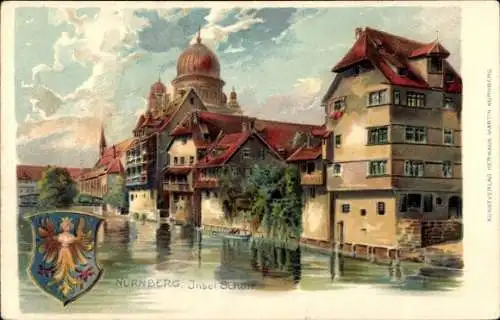 Präge Wappen Litho Nürnberg, Insel Schütt, Synagoge