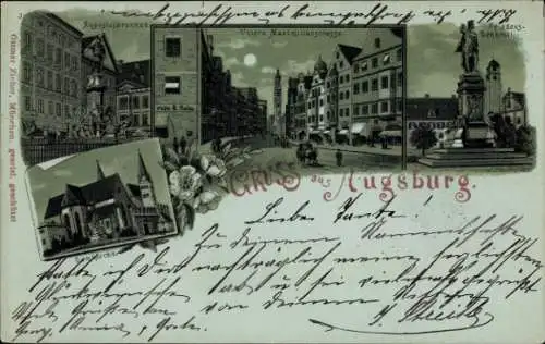 Mondschein Litho Augsburg in Schwaben, Friedens-Denkmal, Untere Maximilianstraße