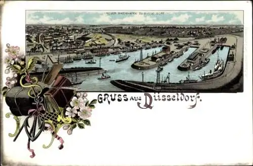 Litho Düsseldorf am Rhein, Neuer Rheinhafen, Schiffe