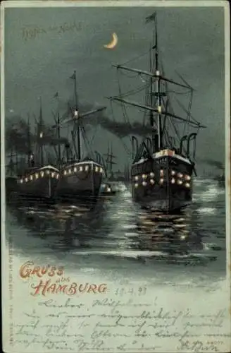 Halt gegen das Licht Mondschein Litho Hamburg, Schiffe, Hafen