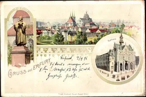 Litho Erfurt in Thüringen, Lutherdenkmal, Rathaus, Stadtbild