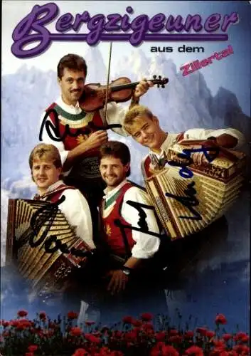 Ak Musikgruppe Bergzigeuner aus dem Zillertal, Gruppenbild, Autogramme