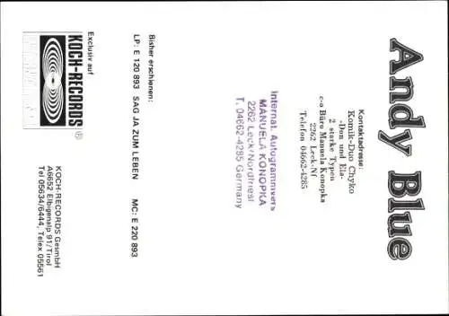 Ak Sänger Andy Blue, Portrait, Koch-Records, Autogramm