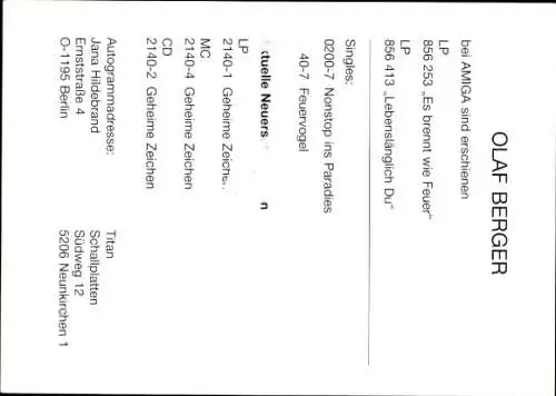 Ak Sänger Olaf Berger, Portrait, Autogramm