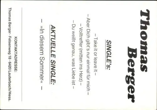 Ak Sänger Thomas Berger, Portrait, Autogramm