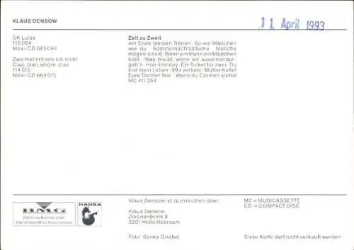 Ak Sänger Klaus Densow, Zeit zu Zweit, Portrait, Autogramm