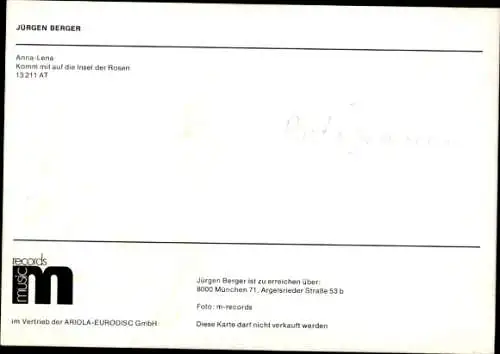 Ak Sänger Jürgen Berger, Anna Lena, Portrait, Autogramm