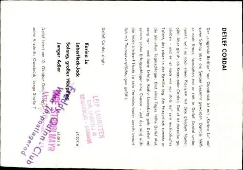 Ak Sänger Detlef Cordai, Portrait, Autogramm