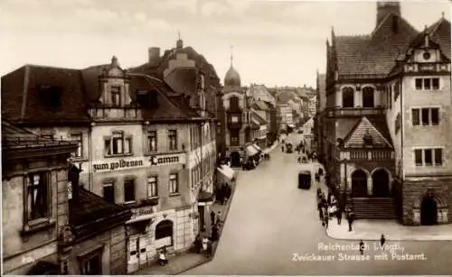 Ak Reichenbach im Vogtland, Zwickauer Straße, Postamt, Zum goldenen Lamm