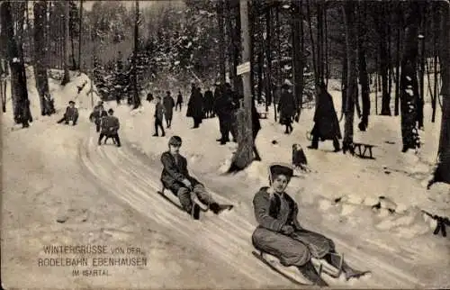 Ak Ebenhausen im Isartal Schäftlarn in Oberbayern, Rodelbahn, Schlittenfahrt, Schlitten