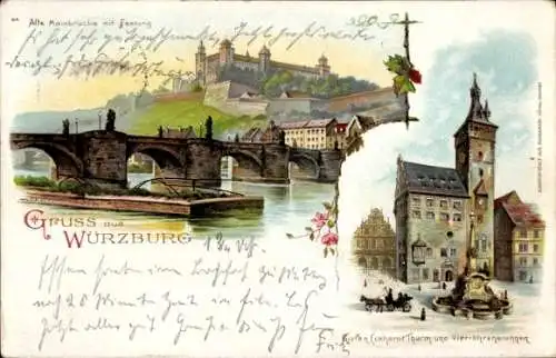 Litho Würzburg am Main Unterfranken, Mainbrücke, Festung, Rathaus