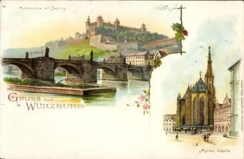 Litho Würzburg Unterfranken, Mainbrücke mit Festung, Marienkapelle, 16. Allgem. bayr. Handwerkertag