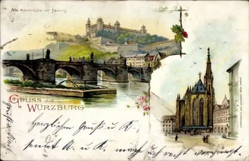 Litho Würzburg Unterfranken, Mainbrücke mit Festung, Marienkapelle, 16. Allgem. bayr. Handwerkertag